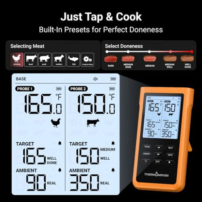 ThermoMaven Sub-1G Wireless Meat Thermometer, No App, 2 Ultra-Thin Probes | 3000FT Open Range, Standalone Base, 6 Sensor NIST Accuracy, IPX8 Waterproof, BBQ Smoker Grill Oven Brisket Steak Turkey Pork - color: Orange