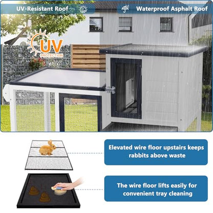 Rabbit Hutch Indoor Outdoor Bunny Cage, Weather Resistant Openable Roof, Slide Out Tray, Handle & Rolling Wheels, Chicken Coop, 48.05" L x 26.02" W x 34.3" H, White - color: White