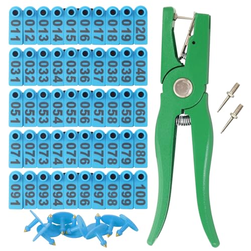 Sheep Ear Tag 001-100 Number Plastic Livestock Tags Goat with Punch Applicator Plier Tools and 2Pcs Ear Tag Pins (Blue, 101-200) - color: Blue, size: 101-200
