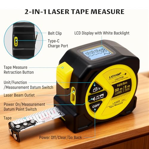 Lichamp Laser Tape Measure, 164ft Class II Laser Distance Meter (0.49mW Red Laser) and 16ft Manual Tape Measure