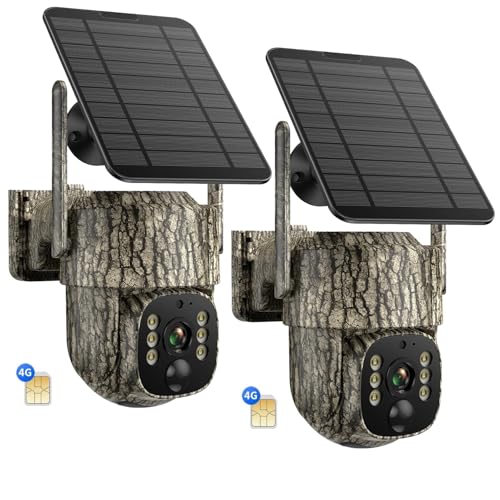 Trail Camera, 4G LTE Cellular Game Cameras with 360° Live Streaming, 2.5K Wildlife Hunting Camera Solar Powered, Security Camera Built-in SIM Card, Night Vision, Motion Activated, Waterproof, 2 Pack