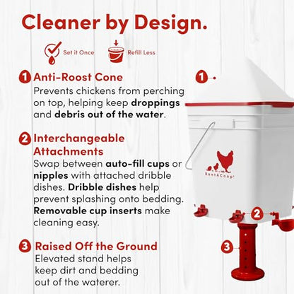 RentACoop Chicken Feeder & Waterer Set– 25lb No-Waste Feeder with 4 Large Ports + 5-Gallon Waterer with Auto-Fill Cups & Horizontal Nipples – BPA-Free, Anti-Roost Cone, Adjustable Stands