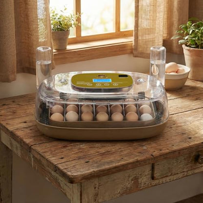 24 Egg Incubator with Automatic Egg Turning, 110V Digital Poultry Hatcher with LED Egg Candler, Temperature & Humidity Control, Auto Water Adding, for Chickens Ducks Quails, Khaki & Transparent