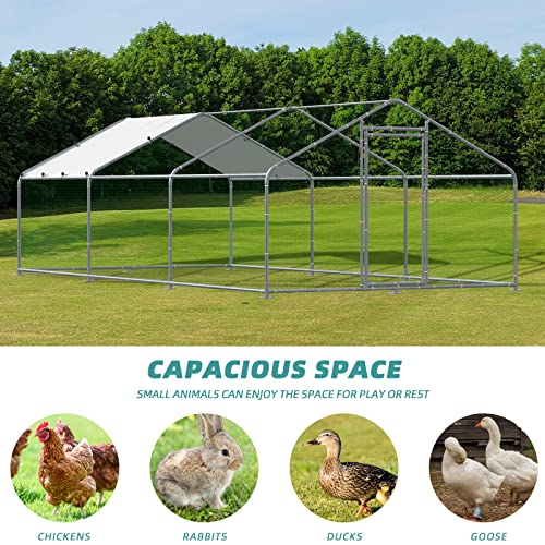 MEETWARM Large Metal Chicken Coop Run, Walk-in Enclosure Poultry Hen Run House, Spire Shaped Chicken Pen with Waterproof & Anti-UV Cover for Outdoor Farm Use(9.8' L x 19.68' W x 6.56' H) - color: 9.8' L x 19.68' W x 6.56' H