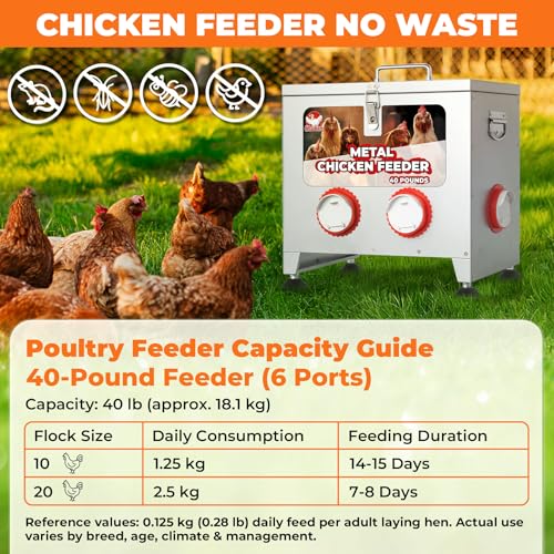 Sidasu 40 lbs 6 Port Galvanized Chicken Feeder with Adjustable Height,Locking Lid&Riveted Handles,Large Capacity Rainproof Automatic Chicken Feeders Silver - size: 40LBS