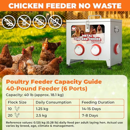 Sidasu 40 lbs 6 Port Galvanized Chicken Feeder with Adjustable Height,Locking Lid&Riveted Handles,Large Capacity Rainproof Automatic Chicken Feeders Silver - size: 40LBS