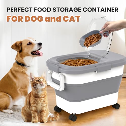 15-23 Lbs Airtight Dog Food Storage Container,Collapsible Dog Food Container with Lid,Wheels,Handle,Large Cat food storage Container with Scoop,Small Food Container for Dog Cat - color: Grey/23 LBS