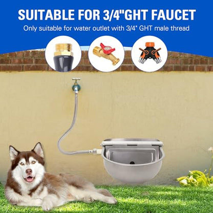 Stainless Steel Automatic Livestock Waterer Dog Waterer Bowl Upgraded Bottom Drain Hole with Water Hose (3/4'') and Float Valve and Two Expansion Screws, for Cattle Horse Goat Sheep Animals Pet