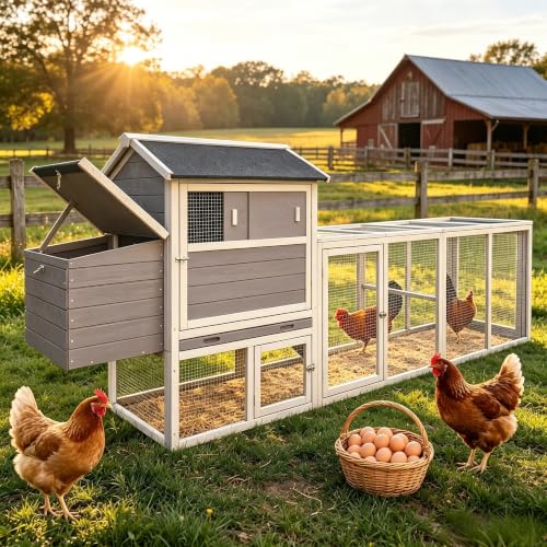 Wooden Chicken Coop with Run 112.6" Large Poultry Cage with Hardware Cloth | Chicken House for 2-6 Chickens with 2 Nesting Boxes, Pull-out Tray, Sun Roof Weather Resistant Roof