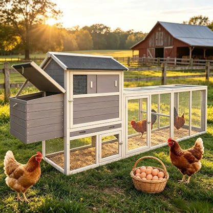 Wooden Chicken Coop with Run 112.6" Large Poultry Cage with Hardware Cloth | Chicken House for 2-6 Chickens with 2 Nesting Boxes, Pull-out Tray, Sun Roof Weather Resistant Roof
