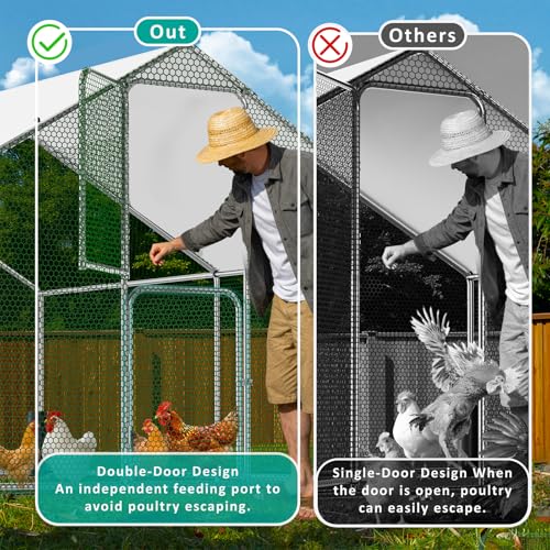 Large Metal Chicken Coop, Walk-in Chicken Run with Feeding Door, Security Lock and Cover, Outdoor Duck/Rabbit Cage Poultry Pen for Backyard, Farm, Yard (Silver - Spire Roof, 13.1 x 9.8 x 6.5 FT) - size: 157.4"L x 118.1"W x 78.7"H