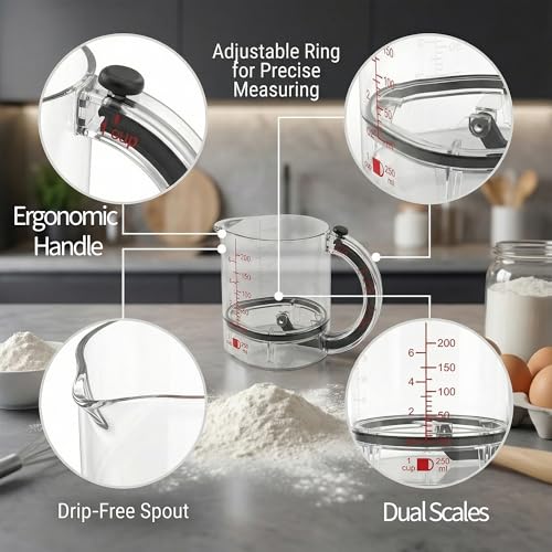 Adjustable 4-in-1 measuring cup with double scale (ml/oz) push bottom design, used as a multi in 1 measuring tool for baking and cooking
