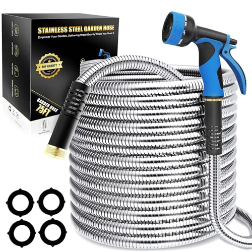 Lefree 75ft Metal Garden Hose - Heavy Duty 304 Stainless Steel Flexible Water Hose, No Kinks & Leak-Proof with Upgraded Handle, 10-Function Spray Nozzle for Yard, Garden, Pet Bath, Outdoor Cleaning - color: Silver, size: 75FT