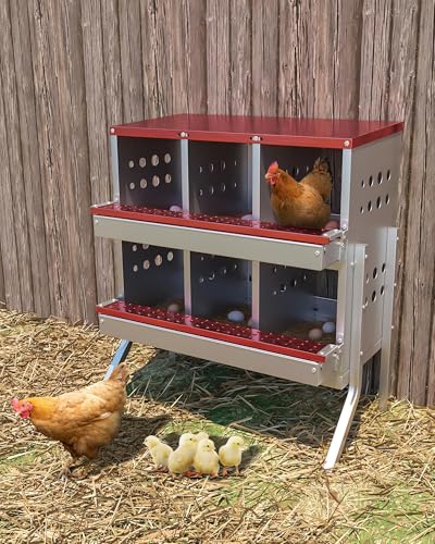 Galvanized Metal Chicken Nesting Box - 6 Compartments with Perch Rod, Egg Collection Tray & Fake Training Eggs - Rustproof Poultry Laying Box for Hens (Red, 6 Compartments with Legs) - color: Red, size: 6 Compartments with Legs