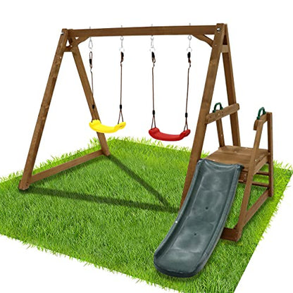 Kids Swing Set Outdoor and Slide - Sturdy Solid Wood Swing Frame with Climbing Ladder - Natural