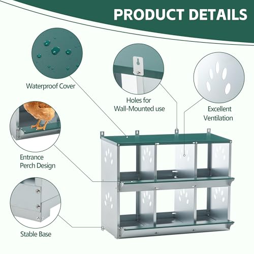 6 Compartment Metal Chicken Nesting Box with Roll Away Egg Collection 32×16×25in,Wall Mountable Large Hen Laying Box with Vented Holes,6 Houses Coop Roosting Boxes Fit for Different Poultry Breeds - size: 32×16×25in