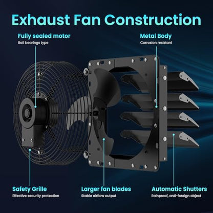 HG Power 16 Inch Shutter Exhaust Fan with Speed Controller, 1096 CFM High-Speed Vent Fan, Wall Mounted Attic Fan for Shed, Basement, Gable, Chicken Coop Ventilation Use, Black - size: 16 Inch w/ Speed Controller
