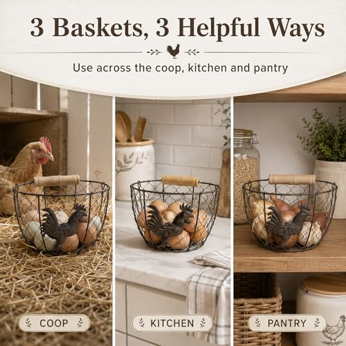 3 Pack 8 Inch Egg Basket for Gathering Fresh Eggs, Farmhouse Wire Holder with Wood Handle, Rustic Metal Round Countertop Storage with Rooster Pattern for Chicken Coop, Kitchen and Pantry