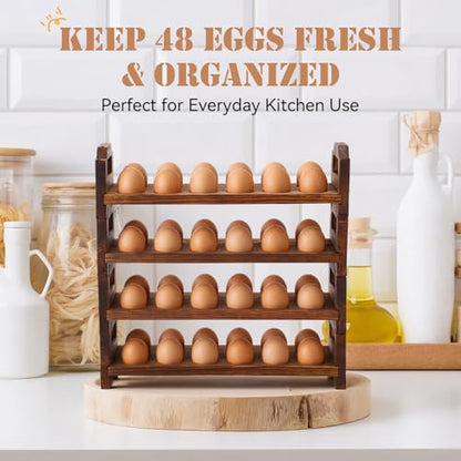 LemonRoad 4 Tier Wooden Egg Holder for Countertop, Pine Stackable Fresh Egg Storage Farmhouse Collecting Rack for Gathering Kitchen Organizer Duck Eggs Display, Stackable with 48 Eggs