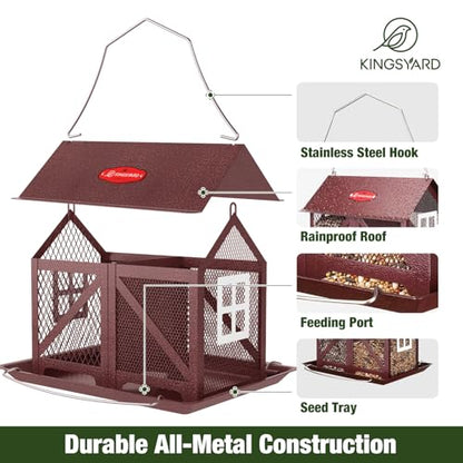 Kingsyard Metal Bird Feeder for Outdoors Hanging, 2-in-1 Wild Bird Feeder with Seed Tray & Built-in Perch, 5 lb Large Capacity for Cardinal Chickadee Finch, Bronze - color: Bronze