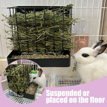Rabbit Hay Feeder Guinea Pig Hay Holder with Hook Heavy-Duty Metal,Internal Sloping Design，Hay Feeder for Bunny,Rabbit，Chinchillas,Comes with Two Multifunctional Zippers - color: black, size: Large