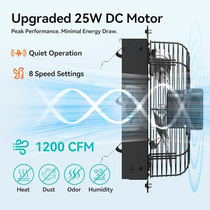 addlon 12 Shutter Exhaust Fanwith Remote Control, 8 Speeds 25W Energy Efficient DC Motors, 1200CFM, 8-Hour Timer, Garages/Greenhouse/Attic/Chicken Coop Ventilation Fan,Low Noise, Plug & Play - size: 12 inch