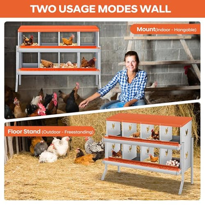 Two-Tier Removable Tray Design - Metal Chicken Nesting Box for Small Animals - 8 Compartments, Large Vented Holes, Wall-Mount or Stand, Easy Clean & Egg Collection - Red, 8 Compartments ZW - color: Orange | 8 Compartments+legs
