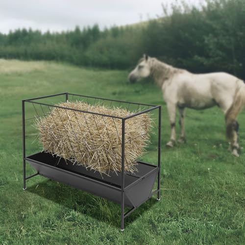 Pasture Hay Feeder, Metal Livestock Feeding Trough with 30 Gallon Feed Pan & 50 Gallon Grass Rack, Heavy Duty Livestock Hay Feeder for Goats, Sheeps, Horses