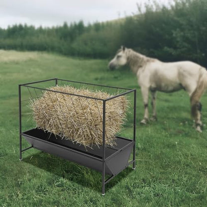 Pasture Hay Feeder, Metal Livestock Feeding Trough with 30 Gallon Feed Pan & 50 Gallon Grass Rack, Heavy Duty Livestock Hay Feeder for Goats, Sheeps, Horses