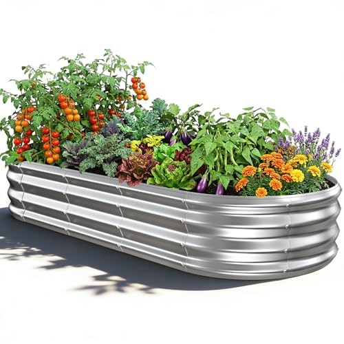 Oval Raised Garden Bed, 5 x 2 x 1FT, Galvanized Steel Planter Box with Wave-Shaped Metal Panels for Outdoor Flower,Tree,Herb & Vegetable Garden (Silver, 60X24X12 inches) - color: Silver, size: 60X24X12 inches