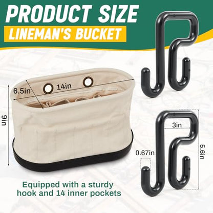 Vesici 1 Set Canvas Bucket Bag Including Hooks Aerial Oval Tool Bucket with Black Polypropylene Bottom 15 Pockets Lineman Tool Bag Organizer for Industrial Maintenance Construction Sites (White) - color: White