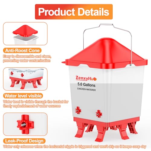 ZenxyHoC 5.0 Gallons Chicken Waterer Bucket with 4 Horizontal Water Nipples, Adjustable Heights and Anti Roost Cone - style: Waterer with Nipples