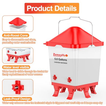 ZenxyHoC 5.0 Gallons Chicken Waterer Bucket with 4 Horizontal Water Nipples, Adjustable Heights and Anti Roost Cone - style: Waterer with Nipples