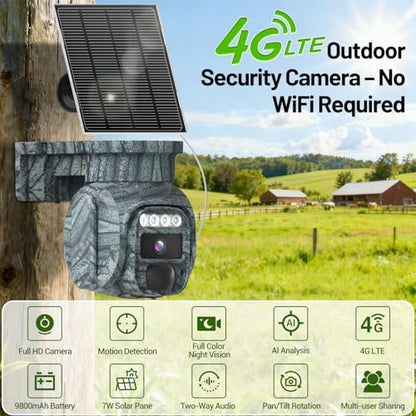 4G LTE Solar Cellular Security Camera Outdoor, Battery Power, No WiFi Wireless Camera with SIM Card Subscription Plan, 2 Way Talk, 355° View, 2K Vision, PIR Motion Sensor, Farm (Camouflage) - color: Camouflage