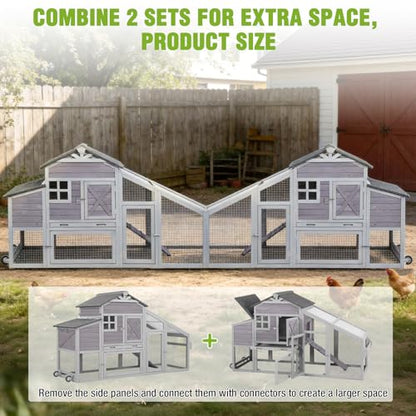 GUTINNEEN Chicken Coop with Wheels for 2-4 Chickens, Large Wooden Outdoor Hen House with Run, Waterproof & UV-Resistant Roof, Removable Leakproof Tray and Divided Nesting Box– Grey - color: (Grey-AIR32)