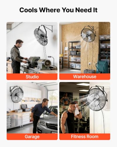 VEVOR Wall Mount Fan, 20 in Wall Mounted Hanging Fan with Mist, IP44-rated Protection, 3-Speed, Long Airflow Distance, Adjustable Rotation Angle, Powerful for Industry, Commercial, Garage, Workshop - size: 20In-Misting