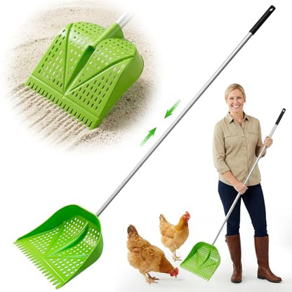 Thiswing Chicken Poop Scooper & Rake 2-in-1, Adjustable Handle Length from 38" to 66", Features Manure Sifting Capability – Ideal for Chicken Coops and Farm Animal Cleaning (Green)