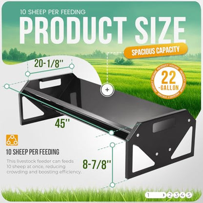 ECOTRIC 22 Gallon Livestock Feeder, 45" Length for 10Sheeps Once, Feeder | Trough for Horse, Goat, Sheep, Cattle, Cow, Alpaca Steel Powder Coated Black - color: Black