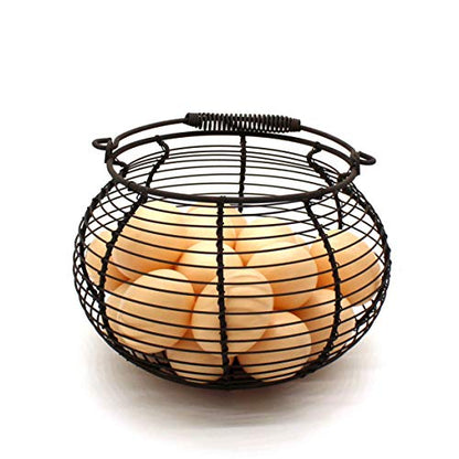CVHOMEDECO. Rustic Wire Egg Basket with swimming Handle Primitives Vintage Gathering Basket. Rusty - size: 7-3/4" Dia. x 5" H - Rusty