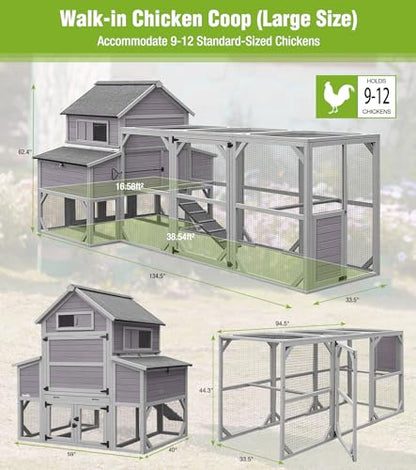 GUTINNEEN Extra Large Chicken Coop with Run 6 Nesting Boxes 4 Perches Weatherproof Outdoor Backyard Hen House with 3 Ventilated Windows and Multiple Access Doors 134" L Gray - size: 134.5"L x 59.0"W x 62.4"H