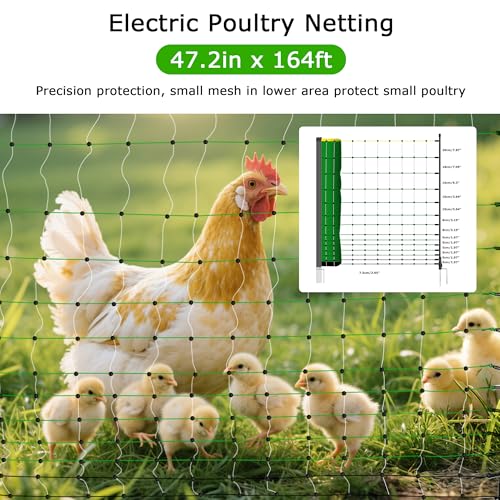 Electric Fence Netting, 47.2" H x 164'L Electric Chicken Fence, Portable Chicken Fence with Double Spiked Fiberglass Posts for Chickens, Ducks,Turkeys, Sheep, Geese in Yard, Farms,Backyards, Garden