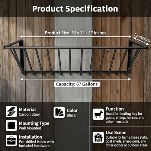 Wall-Mounted Hay Feeder, Carbon Steel Goat Feeder, 67 Gallon Dual-Purpose Rack for Livestock Feed, Blankets, Clothes, 63" x 13" x 17"