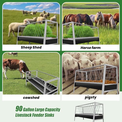 90 Gallon Goat Hay Feeder No Waste, 2 in 1 Hay Feeder for Goats with 30-GAL Feed Pan & 60-GAL Hay Rack, Livestock Hay Feeder for Feeding Goat, Sheep, Horse Indoor & Outdoor (Rubber) - style: Rubber