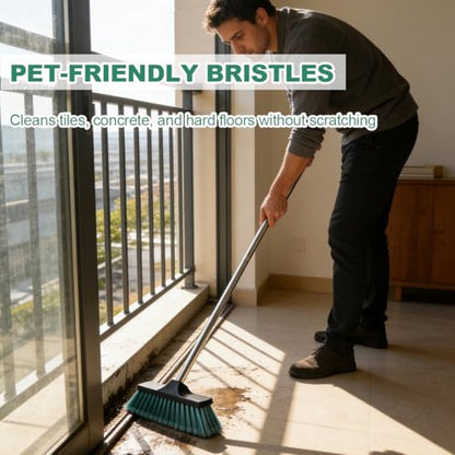 Small Floor Scrub Brush with 4-Section Stainless Steel Handle, 52" Adjustable Long Handle, 5-Row Dense Flagged Bristles, for Tile, Bathroom, Patio, Indoor & Outdoor Cleaning (Black+Green)