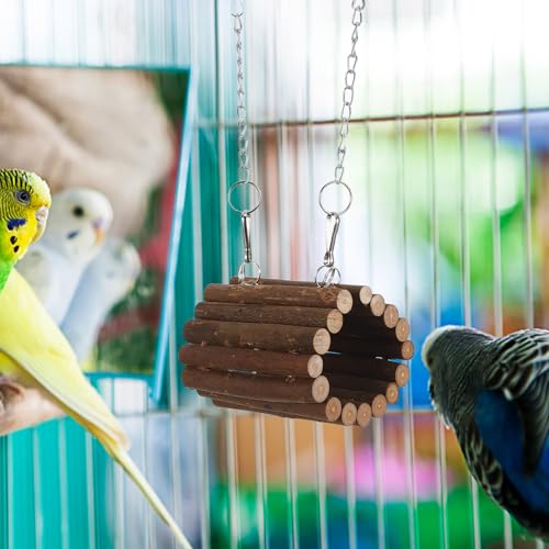 Toyvian Wooden Parrot Swing and Small Animal Tunnel with Hanging Chain, Interactive Climbing Chew for Birds and Hamsters, Natural Pet Foraging Hammock for Cage Accessories