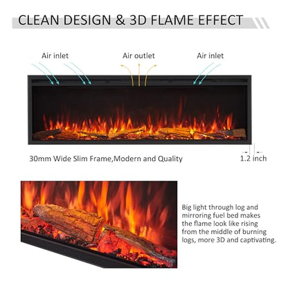 LegendFlame 60" W Smart Wall Mount & in Wall Recessed Electric Fireplace Insert, Heater 750W/1500W, Multi Colors of Flame & Fuel Bed, Alexa/Google Assistant Enabled - size: 60" DEEP