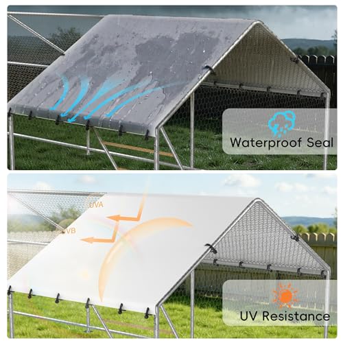 Large Metal Chicken Coop with Roosting Perch, Waterproof and UV Protection Cover, Chicken Run Outdoor Walk-in Cage Chicken Rabbit Duck Hen House for Yard Farm Use Spire Roof (10’ W x 26.2’ L x 6.4’ H) - size: 315.0"L x 118.0"W x 78.0"H