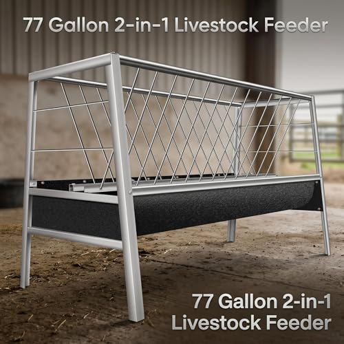 Stainless Steel Goat Feeder,2-in-1 Hay Feeder for Goats Sheep Calves Horses and Pastures, Anti-Waste Goat Feeder with Rubber Trough Livestock Feeder