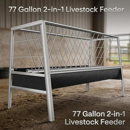 Stainless Steel Goat Feeder,2-in-1 Hay Feeder for Goats Sheep Calves Horses and Pastures, Anti-Waste Goat Feeder with Rubber Trough Livestock Feeder