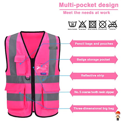 A-SAFETY Pink High Visibility Vest,Reflective Safety Vest Workwear 7 Pockets Hi Vis Durable Vest with Reflective Tapes 4 Lower Pockets,Small - color: Pink, size: Small